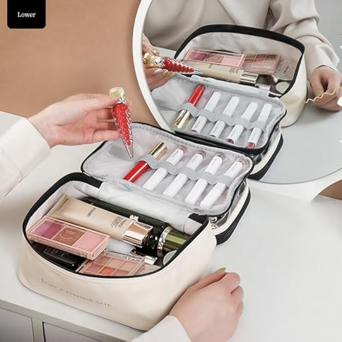 gepas Cosmetic Bag, Leather Double Layer Cosmetic Bag, Large Capacity Waterproof Makeup Bag, Made of Leather, 23 x 17 x 16 cm, Pink - Image 5